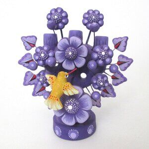 Mexican Tree Of Life Candelabra Folk Art Pottery Flowers Hummingbird 4" Tall